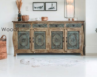 Hand Carved Sideboard, Cabinet storage units ,Indian Solid Wood Blue Distressed Finish ,Living Room Bedroom Furniture ,Hand Carved Sideboard