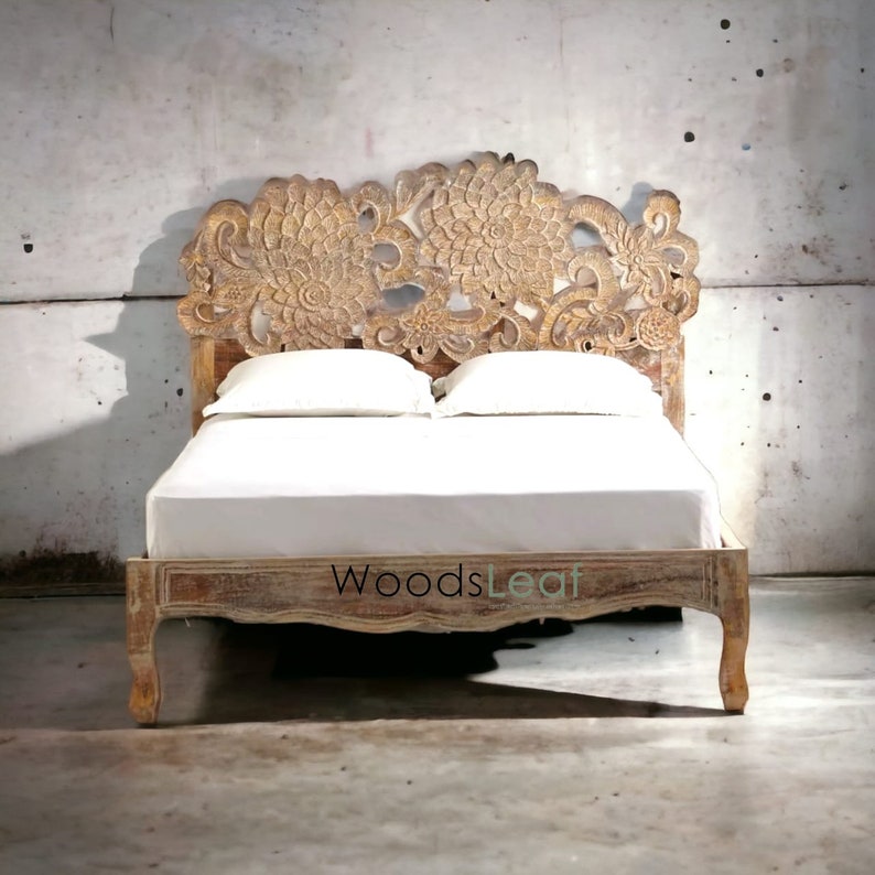 Handcarved Solid Wood Bed Flower Design Carving Bed Carving Furniture
