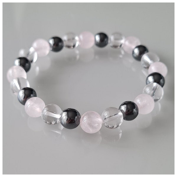 Bracelet Bien-Être, en Quartz Rose, Hématite et Cristal de Roche