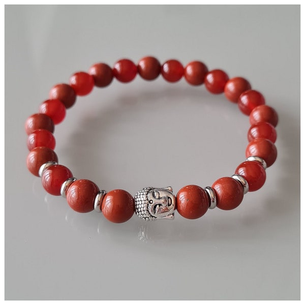 Bracelet homme en cornaline et jaspe rouge. Collection tête de Bouddha.