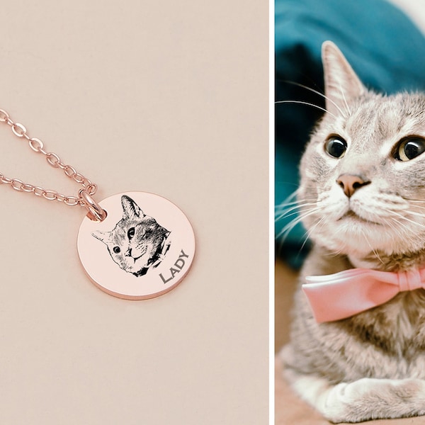 Personalized Pet Photo Necklaces, Pet Portrait Engraved Necklaces, Pet Memorial Necklaces.
