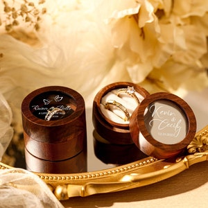 Personalized Wood Ring Box, Round Wooden Ring Box with Glass Lid, Ring Box Proposal, Wedding Proposal, Double Ring Bearer Box