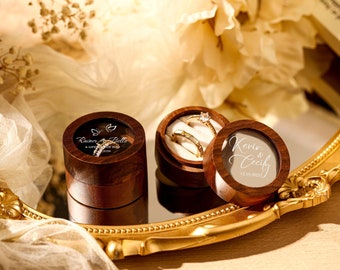 Personalized Wood Ring Box, Round Wooden Ring Box with Glass Lid, Ring Box Proposal, Wedding Proposal, Double Ring Bearer Box