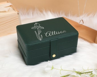 Month Flower Jewelry Box, Jewelry Box for Leather, Personalized Jewelry Box, Travel Jewelry Organize, Bridesmaid Gift, Gift For Her Mom Wife