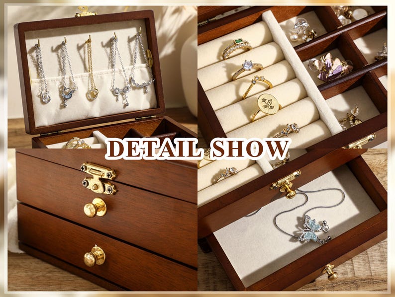 May include: A wooden jewellery box with three drawers and a hinged lid. The lid has a velvet lining with hooks for earrings and a section for necklaces. The top drawer has a velvet lining with slots for rings. The bottom drawer is empty. The box is brown with gold accents.