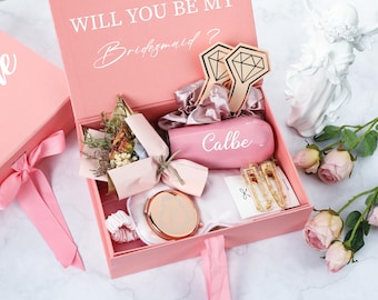 Personalized Bridesmaid Gift Set, Custom Anniversary Gift Box, Wedding Gift Box, Pink Will you be my Bridesmaid Proposal Gift Box