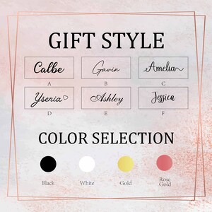 May include: A chart displaying six different name styles, labelled A to F, featuring names such as Calbe, Gavin, Amelia, Ysenia, Ashley, and Jessica. Beneath the chart is a colour selection guide with four colour options: black, white, gold, and rose gold.