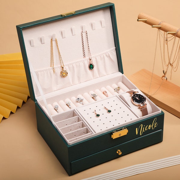 Organisateur de bijoux, boîte à bijoux à 2 couches, boîte à bijoux pour cuir, présentoir de rangement avec serrure pour bagues, colliers, boucles d'oreilles