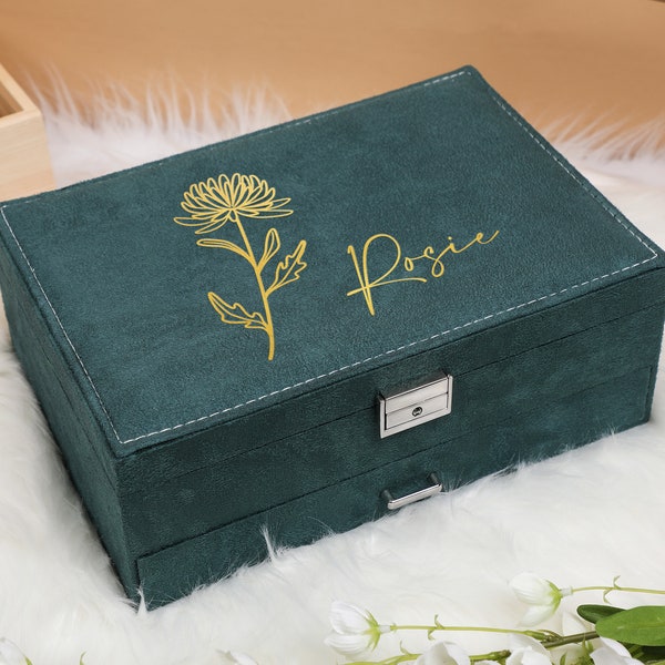 Birth Flower Jewelry Travel Case, Personalized Jewelry Box, Bridesmaid Box,Necklace Ring Storage Box, Jewelry Organizer, Wedding Monogram