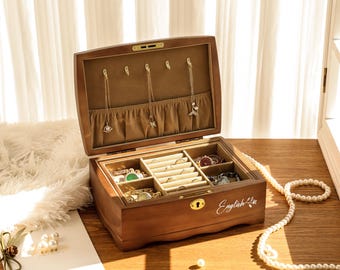 Personalized Walnut Jewelry Organizer Box, Engrave Jewelry Box, Wooden Jewelry Case, Gift for Women, Vintage Jewelry Box, Christmas Gifts