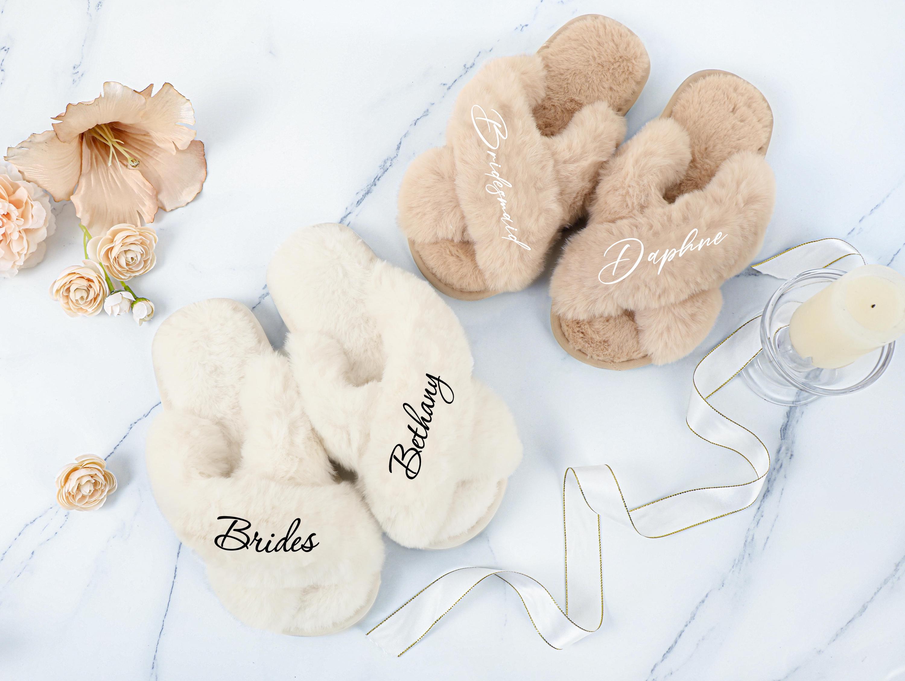 Personalized Fluffy Bridesmaid Slippers, Bridesmaid Gifts, Custom Bridesmaid Slippers, Bachelorette Party Gifts, Wedding Fluffy Slippers