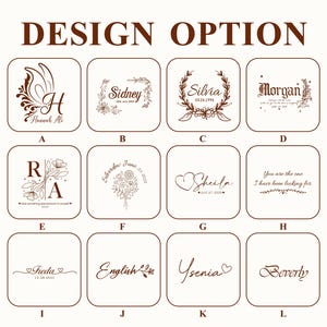 May include: A grid of 12 design options for personalised coasters. Each option features a different design with a name, date, or initials. The designs include floral wreaths, hearts, butterflies, and calligraphy.