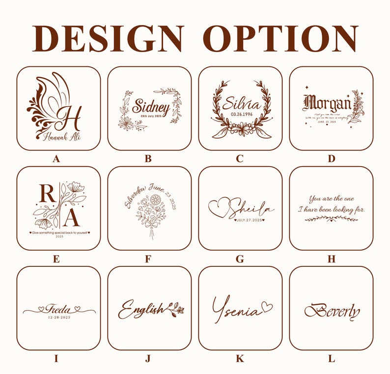 May include: A grid of 12 design options for personalised coasters. Each option features a different design with a name, date, or initials. The designs include floral wreaths, hearts, butterflies, and calligraphy.