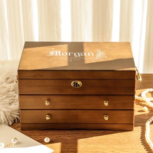 May include: A wooden jewelry box with three drawers and a hinged top. The box is a warm brown color with gold-colored hardware and the name "Morgan" in a decorative font on the lid. A pearl necklace and other decorative items are on the table.