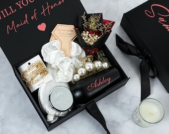 Personalized Bridesmaid Gift Set, Custom Anniversary Gift Box, Wedding Gift Box, Black Will you be my Bridesmaid Proposal Gift Box