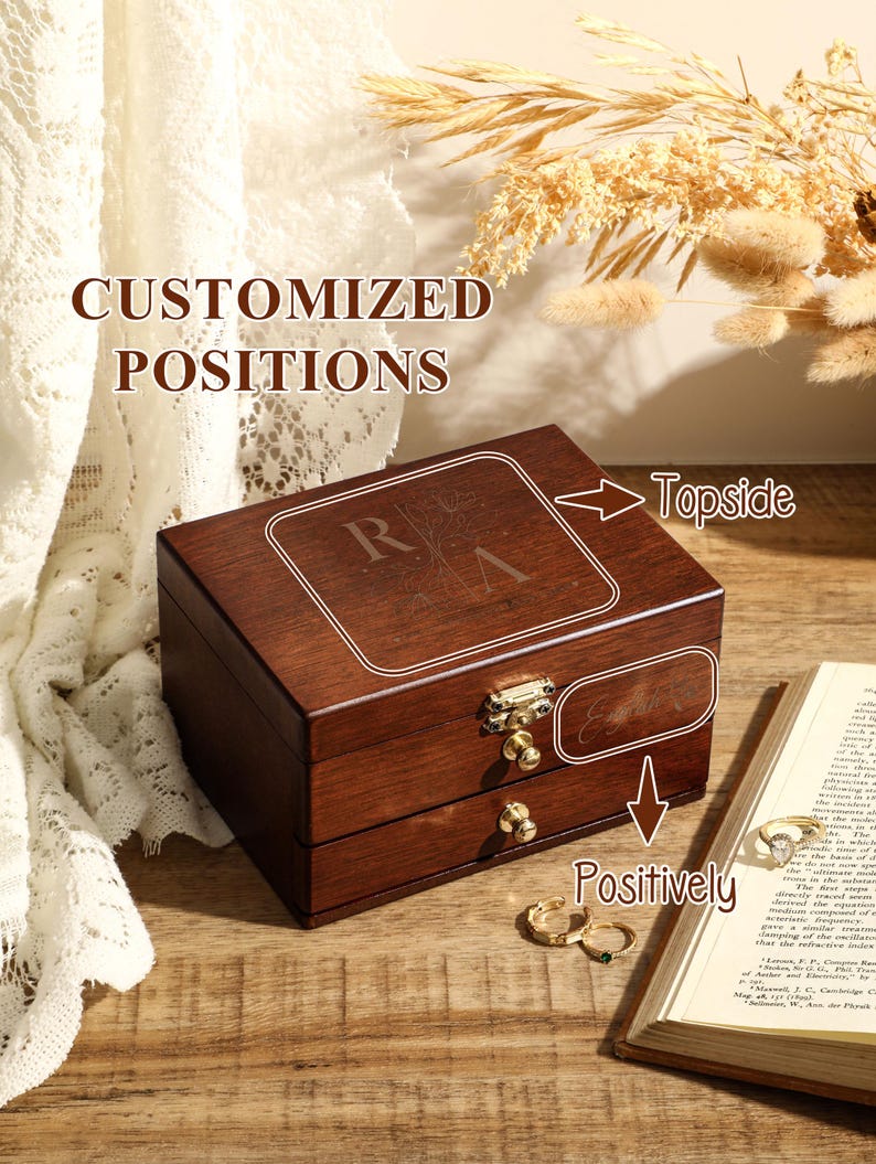 May include: A wooden jewellery box with two drawers. The top of the box has a personalised inscription with the letters "RVA". The text "Topside" and "Positively" are written on the image.