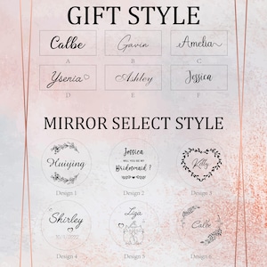May include: A chart with different gift styles and mirror select styles. The gift styles are labeled A through F and include names like Calbe, Gavin, Amelia, Ysenia, Ashley, and Jessica. The mirror select styles are labeled Design 1 through 6 and include names like Huiying, Jessica, Kelly, Shirley, Liga, and Calbe.