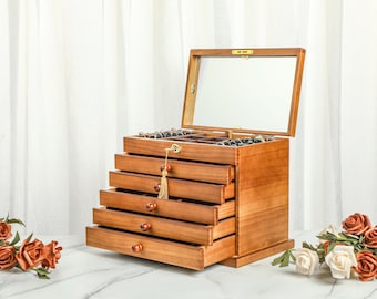 Gepersonaliseerde Walnoot Sieraden Organizer Box, Graveren Sieradendoos, Houten Sieradenkoffer, Cadeau voor vrouwen, Vintage Sieradendoos, Kerstcadeaus