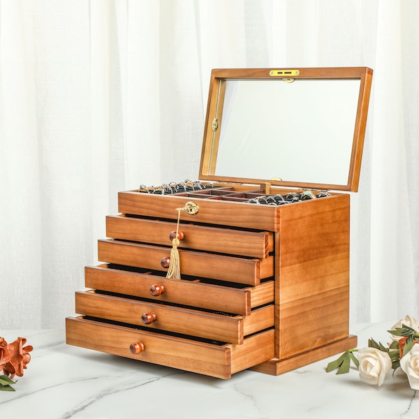 Gepersonaliseerde Walnoot Sieraden Organizer Box, Graveren Sieradendoos, Houten Sieradenkoffer, Cadeau voor vrouwen, Vintage Sieradendoos, Kerstcadeaus