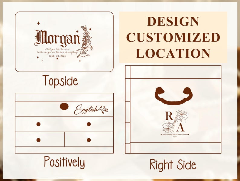 May include: A design concept with text that reads "Morgan" and "June 23 2025" on the top side. The design also includes the words "DESIGN CUSTOMIZED LOCATION". The bottom side says "Positively" and "Right Side".