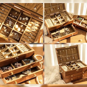 May include: A collection of wooden jewelry boxes, each with multiple compartments and drawers. The boxes are filled with various jewelry pieces, including rings, necklaces, bracelets, and earrings. The boxes are made of a dark wood and have a warm, inviting appearance.