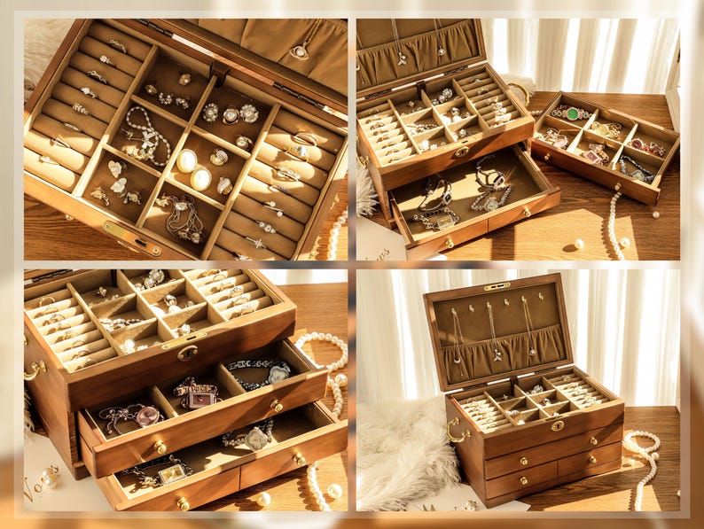 May include: A collection of wooden jewelry boxes, each with multiple compartments and drawers. The boxes are filled with various jewelry pieces, including rings, necklaces, bracelets, and earrings. The boxes are made of a dark wood and have a warm, inviting appearance.
