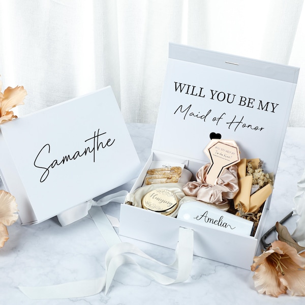 Set regalo personalizzato per damigella d'onore, confezione regalo personalizzata per anniversario, confezione regalo di nozze, bianco Sarai la mia confezione regalo per proposta di damigella d'onore