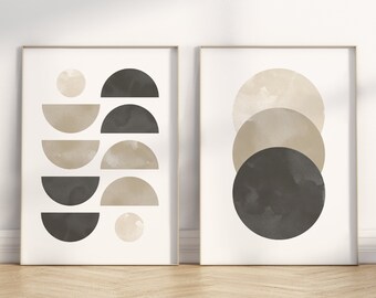 Abstract black and Beige Geometric Wall Art, 2 piece set