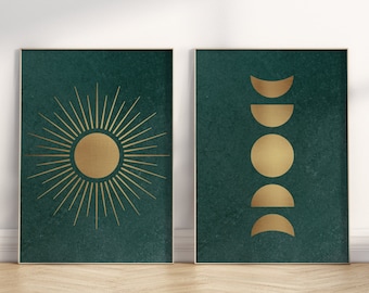 Sun And Moon Wall Art, Moon Phase Wall Art, Emerald Green Wall Art, Green And Gold Prints, Printable Wall Art