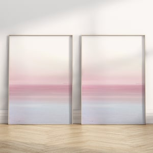 Conjunto de arte de pared de dos, arte de pared rosa rubor, impresión al atardecer, paisaje abstracto, arte de pared azul claro