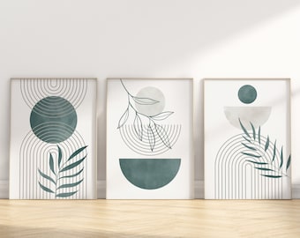 Boho Botanical Wall Art, Modern Mid Century, Emerald Green Wall Art, Minimal Wall Art Set, 3 Piece Wall Art, Leaf Wall Art