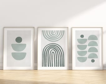Arte de pared de 3 piezas, arte de pared verde salvia, conjunto de impresiones bohemias, arte abstracto