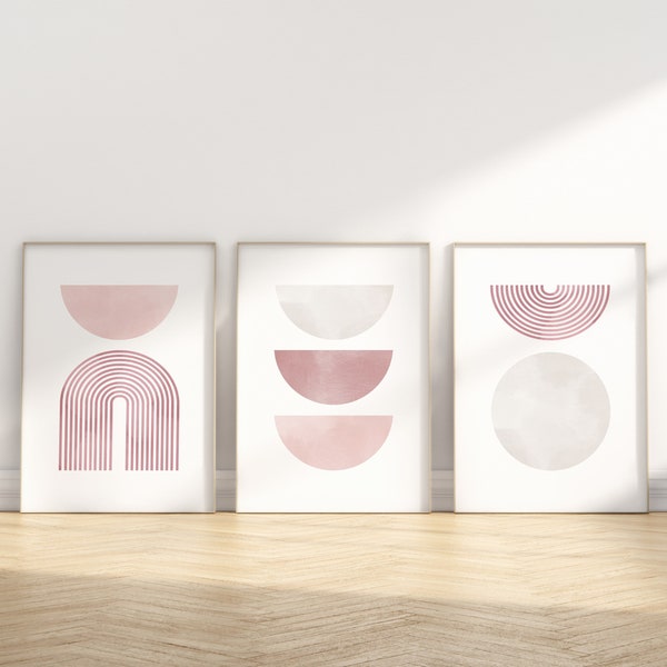 Set of 3 Wall Art, Modern Mid Century, Mauve Wall Art, Blush Pink Wall Art