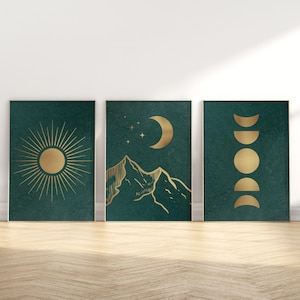Emerald Green Decor, Sun And Moon Wall Art, Set of Three Prints, Moon Phase Wall Art, Green And Gold Prints