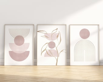 Blush And Gold Wall Art, Boho Wall Art Set, Blush Pink Wall Art, Mauve Wall Art, Set of Three Wall Art, Abstract Art