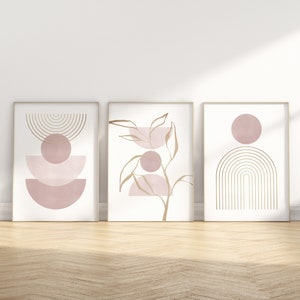 Blush And Gold Wall Art, Boho Wall Art Set, Blush Pink Wall Art, Mauve Wall Art, Set of Three Wall Art, Abstract Art