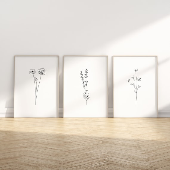 Flower prints, Minimal Wall Art Set, Set of Three Wall Art, Lavender Wall Art, Botanical Wall Art