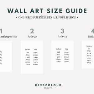 May include: A wall art size guide with four different ratios: ISO international paper size, 2:3, 3:4, and 4:5. The guide shows the dimensions in inches and centimeters for each ratio.