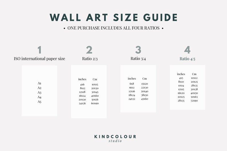 May include: A wall art size guide with four different ratios: ISO international paper size, 2:3, 3:4, and 4:5. The guide shows the dimensions in inches and centimeters for each ratio.