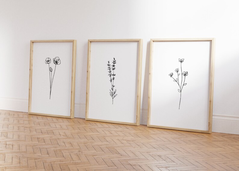 May include: Three framed black and white line drawings of different flowers. The drawings are on white paper and are framed in natural wood frames.
