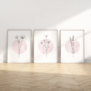 ピンクプリント3枚セット、植物の壁アート、ラベンダーの絵、ミニマルな壁アートセット、リビングルームの壁アート