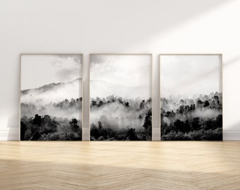 Set of Three Wall Art, Forest Photography, Triptych Wall Art, Black And White Art, Foggy Forest