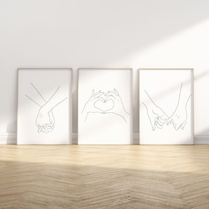 Set of 3 line art lovers hands, couples hand wall art