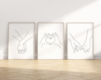 Set of 3 line art lovers hands, couples hand wall art