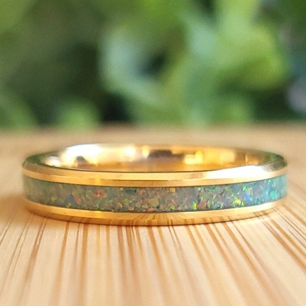 Gold Tungsten Ring with Opal Inlay, Gold Tungsten Wedding Band, 4mm Tungsten Wedding Band, Crushed Light Green Opal Ring, Opal Wedding Band