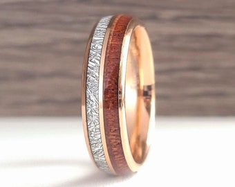 Rose Gold Meteorite Koa Wood Wedding Band for Men Women, Rose Gold Koa Wood Tungsten Ring, 4MM 6MM 8MM, Wood Ring, Couple Wood Wedding Band