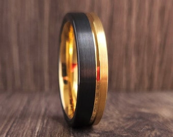 Gold and Black Tungsten Ring Wedding Band for Men Women, Black Obsidian Ring Band, Gold Ring Wedding Band, Proposal Ring, Anniversary Gift