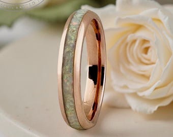 Women Rose Gold Tungsten Ring: White Fire Opal Inlay, 4mm Men Wedding Band