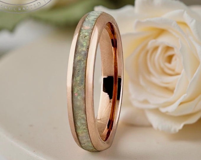 Women Rose Gold Tungsten Ring: White Fire Opal Inlay, 4mm Men Wedding Band