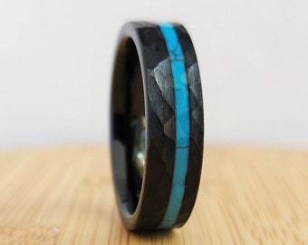 Black Hammered Tungsten Ring Men Women, Black Wedding Band Ring with Turquoise Inlay, 4MM 6MM 8MM, Black Turquoise Band Ring, Christmas Gift